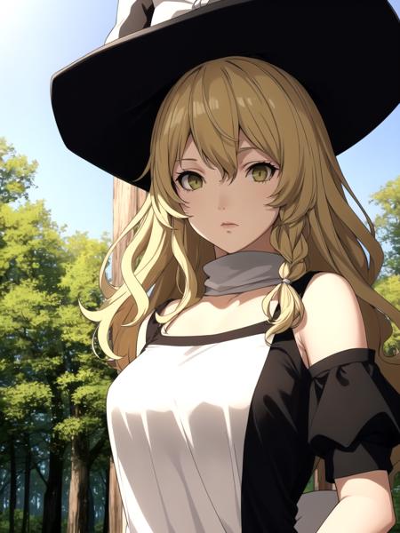 2262786098-masterpiece, best quality, 1girl, solo, kirisame marisa, standing, outdoors, forest, scenery, radiant sky, detailed background,.png